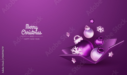 Merry christmas greeting card vector poster. Christmas elegant invitation template with xmas balls, xmas tree and snowflakes. Vector illustration holiday season greeting