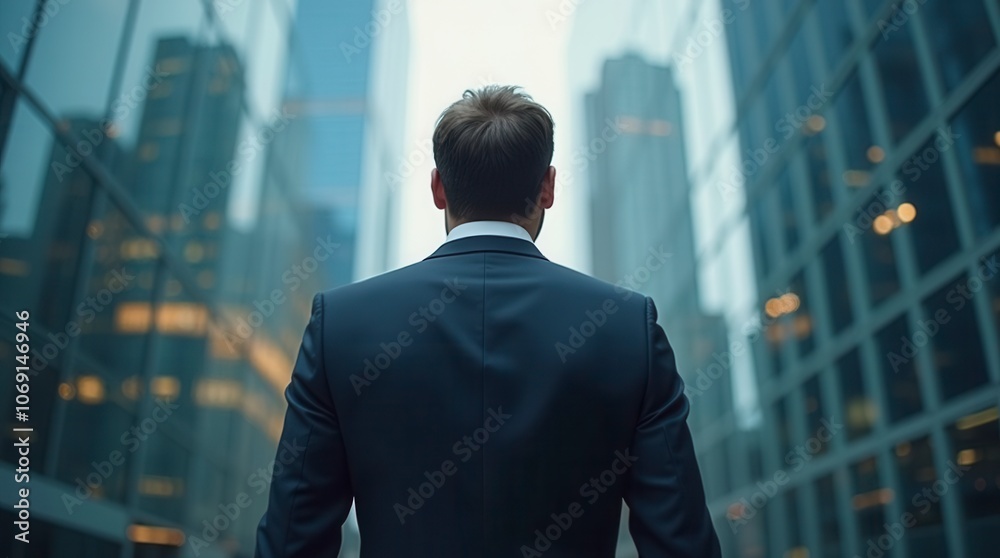 Back View of Businessman in Suit with Modern Office Building Background Financial Market and Investment Concept