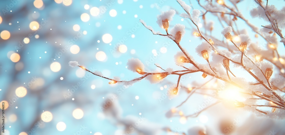 Wintery Branches with Snow-Covered Lights Against Soft Blue Sky in Elegant Holiday and Nature-Themed Composition, Gemerative AI Wintery Branches with Snow-Covered Lights Against Soft Blue Sky in Elegant Holiday and Nature-Themed Composition, Gemerative AI