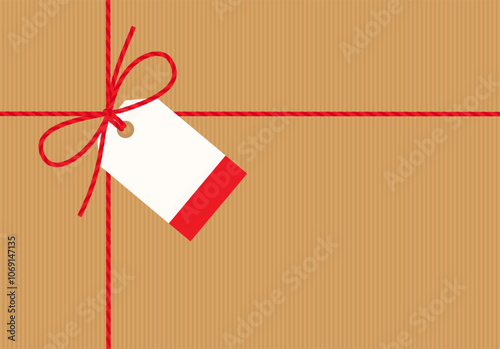 Flat hand-drawn craft background, gift tied up with cotton red rope bakers twine bow and ribbon with blank kraft paper tag. Packing string for present, pastry box for New Year, Christmas. Vector EPS10