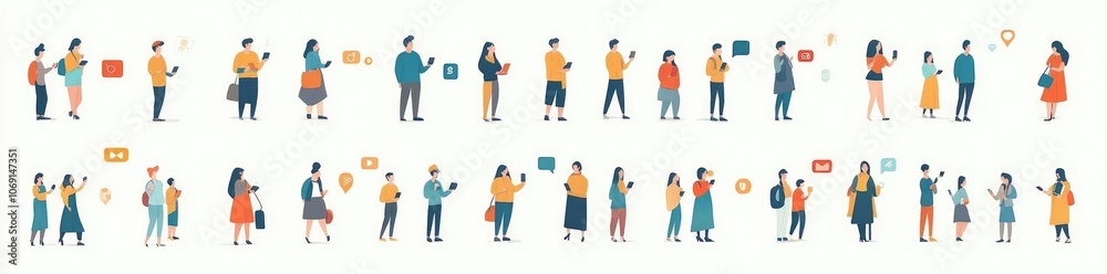 Flat Design Illustrations of People with Smartphones and Social Media Symbols on White Background Flat Design Illustrations of People with Smartphones and Social Media Symbols on White Background