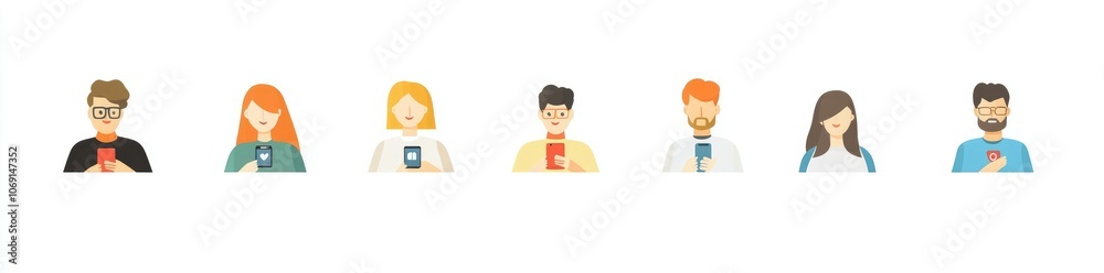 Flat Design Illustrations of People with Smartphones and Social Media Symbols on White Background Flat Design Illustrations of People with Smartphones and Social Media Symbols on White Background