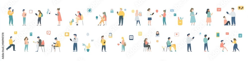 Flat Design Illustrations of People with Smartphones and Social Media Symbols on White Background Flat Design Illustrations of People with Smartphones and Social Media Symbols on White Background