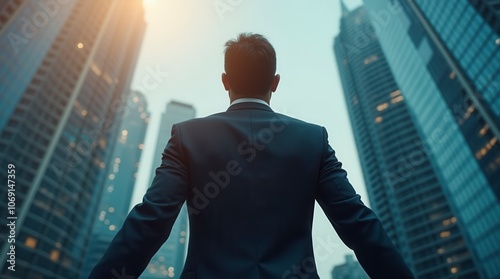 Back View of Businessman in Suit with Modern Office Building Background Financial Market and Investment Concept