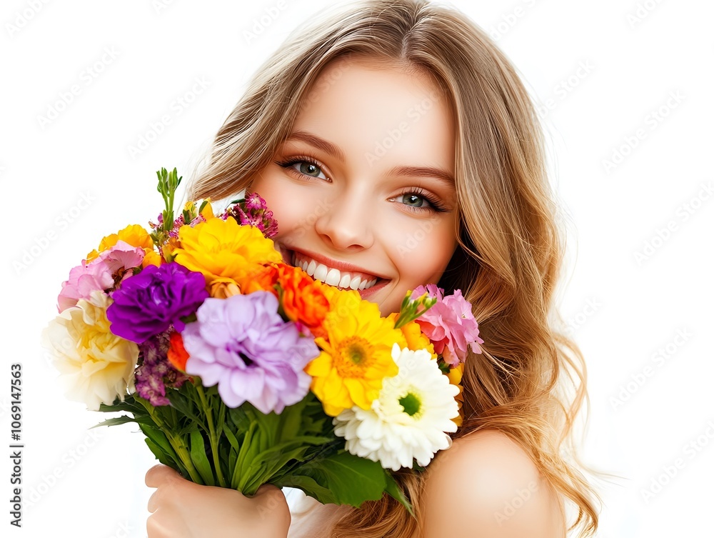 Smiling Woman Holding Colorful Flower Bouquet Smiling Woman Holding Colorful Flower Bouquet
