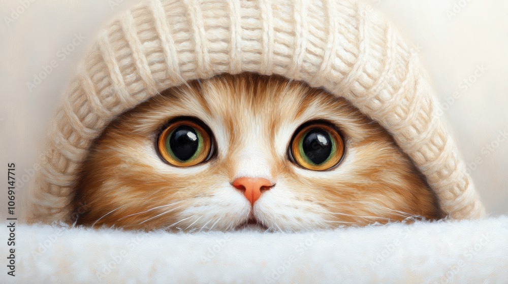 Adorable kitten peeks out from a cozy knitted hat with wide, curious eyes, AI