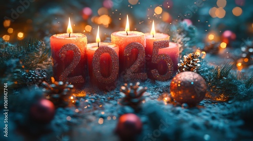 Four burning red candles with 2025 written on them, surrounded by pine branches, pine cones and red baubles on a snowy surface. photo