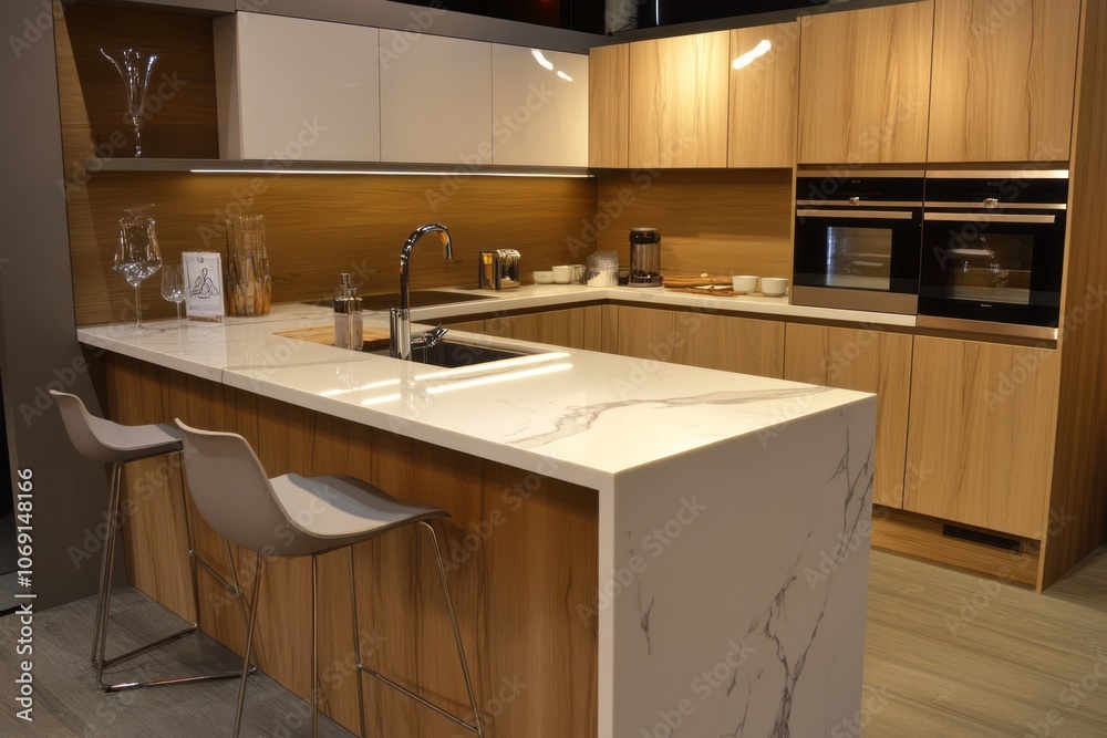 Modern Kitchen Island with White Marble Countertop and Bar Stools
