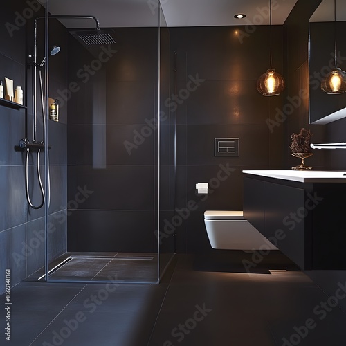 A sleek and modern bathroom featuring dark tiles, a walk-in shower, and minimalist fixtures. The design emphasizes a clean, sophisticated look with a focus on simplicity and functionality. photo