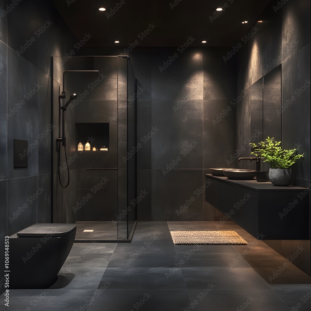 A sleek and modern bathroom featuring dark tiles, a walk-in shower, and minimalist fixtures. The design emphasizes a clean, sophisticated look with a focus on simplicity and functionality. A sleek and modern bathroom featuring dark tiles, a walk-in shower, and minimalist fixtures. The design emphasizes a clean, sophisticated look with a focus on simplicity and functionality.