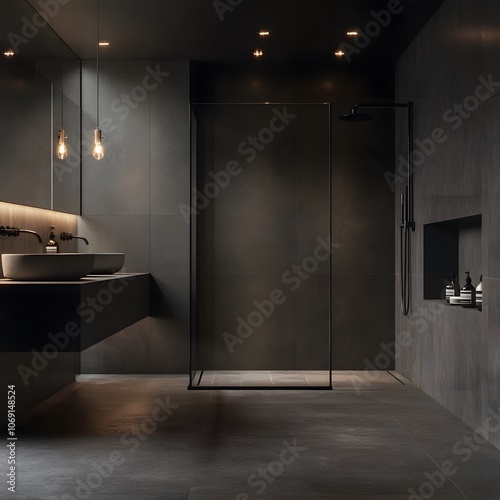 A sleek and modern bathroom featuring dark tiles, a walk-in shower, and minimalist fixtures. The design emphasizes a clean, sophisticated look with a focus on simplicity and functionality. photo