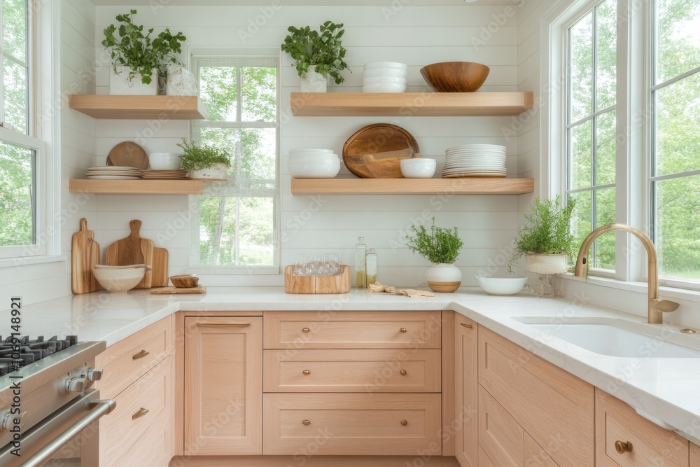 Modern Kitchen with Light Wood Cabinets and Open Shelving Modern Kitchen with Light Wood Cabinets and Open Shelving