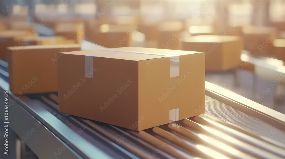 Bright Conveyor Belt with Moving Boxes in Close Up View Bright Conveyor Belt with Moving Boxes in Close Up View