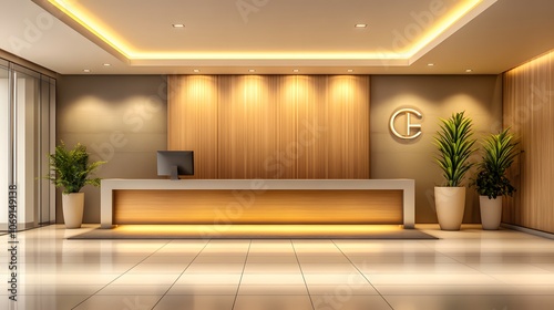 A sleek corporate lobby featuring a reception desk and a large company logo prominently displayed on the wall. The atmosphere is both professional and welcoming, setting the tone for the business. photo