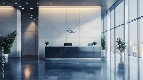 A sleek corporate lobby featuring a reception desk and a large company logo prominently displayed on the wall. The atmosphere is both professional and welcoming, setting the tone for the business. photo