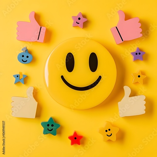 A smiley face surrounded by positive symbols like thumbs-up gestures, stars, and happy emoticons photo