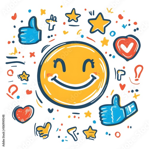 A smiley face surrounded by positive symbols like thumbs-up gestures, stars, and happy emoticons photo