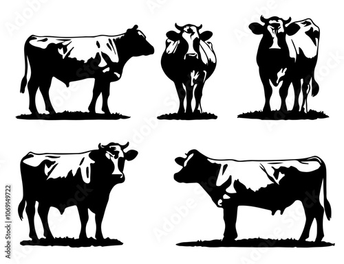 Black Silhouette outlines of cows in various poses