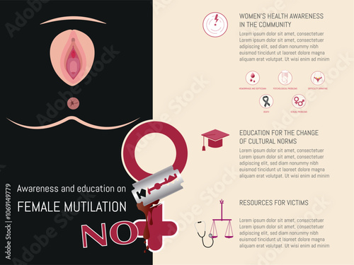 Infographic on awareness and education in female genital mutilation.Infographic focused on raising awareness about female genital mutilation, covering health issues, cultural norms, and resources for 