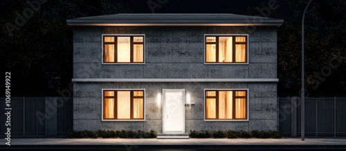 Night view of a contemporary house with wooden windows and concrete facade.