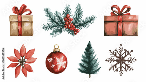 Vector watercolor christmas illustration set with Fir, christmas flower, snowflakes, berries, ornaments, gift, presents and mittens