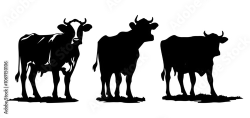 Black Silhouette outlines of cows in various poses