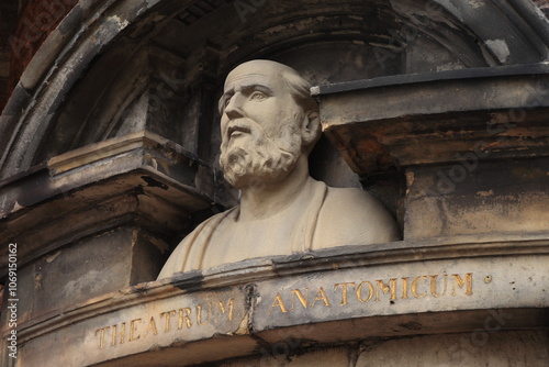 Bust of Hippocrates Above the Entrance of the Theatrum Anatomicum of the Historic De Waag Building in Amsterdam, Netherlands