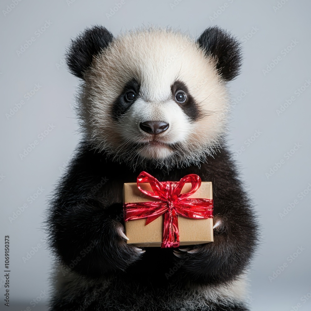 Naklejka premium Playful panda holding a festively wrapped gift radiating joy and celebration in a whimsical atmosphere