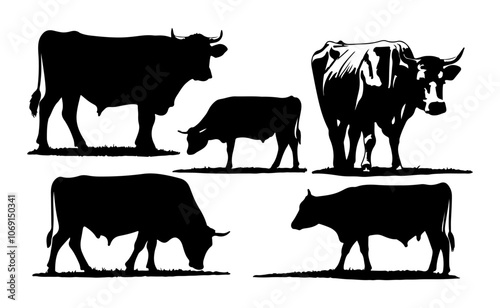 Black Silhouette outlines of cows in various poses