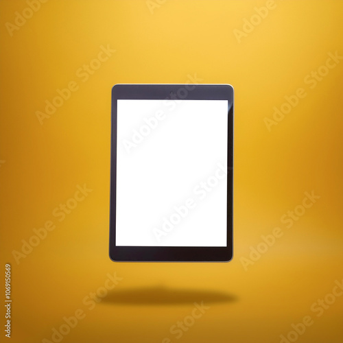 Tablet with white screen floating or flying isolated on yellow pastel background