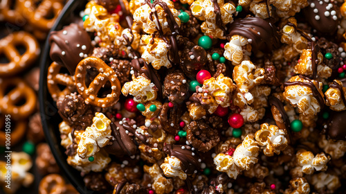 Festive Chocolate-Drizzled Popcorn Mix with Pretzels and Holiday Sprinkles