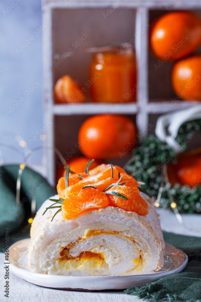 Meringue roll filled with mascarpone, cream and tangerine jam on a background of tangerines and a green heart.