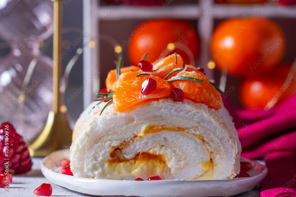 Meringue roll filled with mascarpone, cream and tangerine jam, decorated with tangerines and pomegranate seeds.