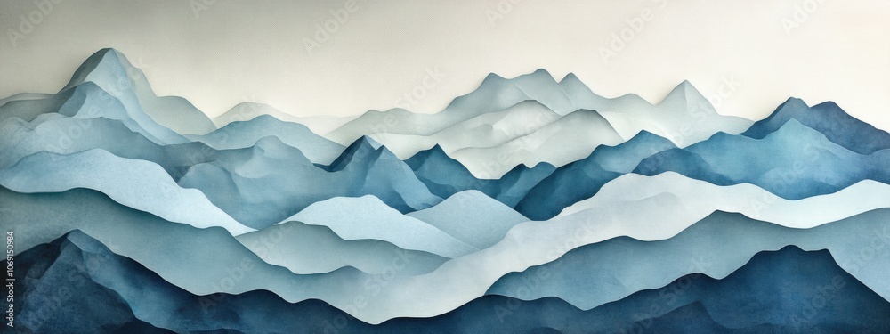 Textured paper mountains rise against a soft sky, showcasing layered abstractions in a serene and artistic landscape.