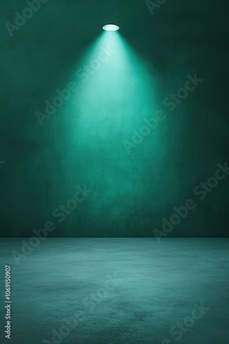 Dramatic spotlight illuminating an empty green room