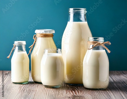 milk and milk bottles of various sizes 