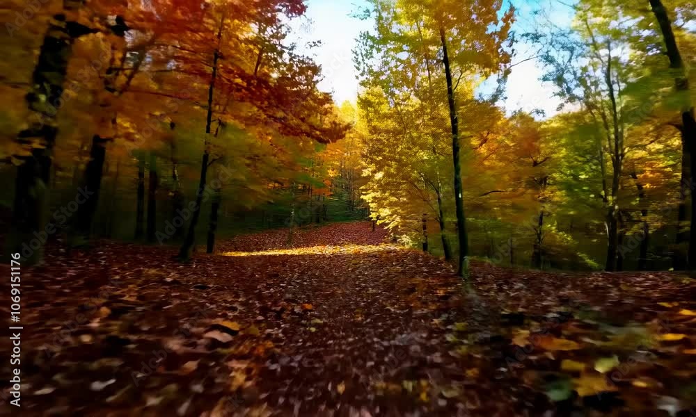 Aerial fpv racing drone flying over through the colorful branches of beech trees in a forest in autumn Aerial fpv racing drone flying over through the colorful branches of beech trees in a forest in autumn