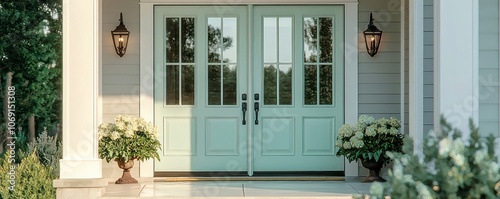 Stylish entrance with pale mint double doors and clear glass, dynamic angle.