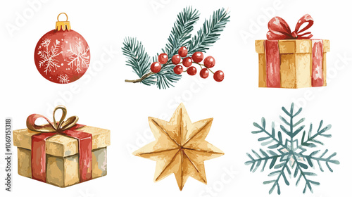 Vector watercolor christmas illustration set with Fir, christmas flower, snowflakes, berries, ornaments, gift, presents and mittens