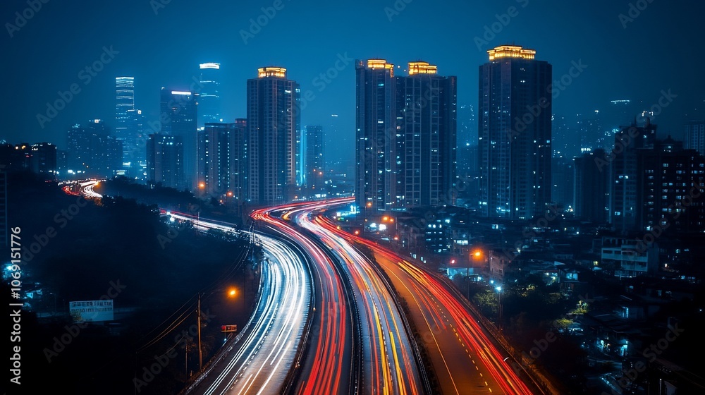 Obraz premium A long exposure shot of a highway with blurred car lights at night, with tall buildings in the background.