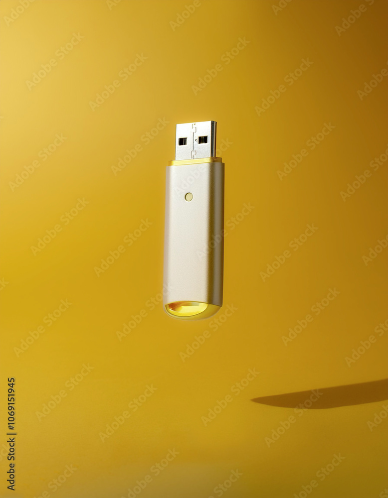 USB Flash drive floating or flying isolated on yellow pastel background USB Flash drive floating or flying isolated on yellow pastel background