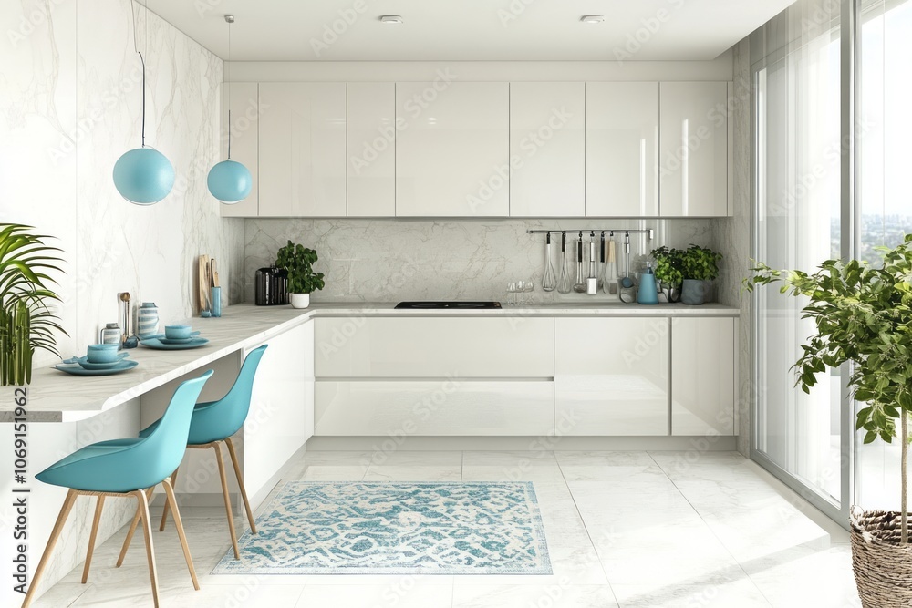 Fototapeta premium Modern Kitchen with Blue Accents and a White Marble Countertop