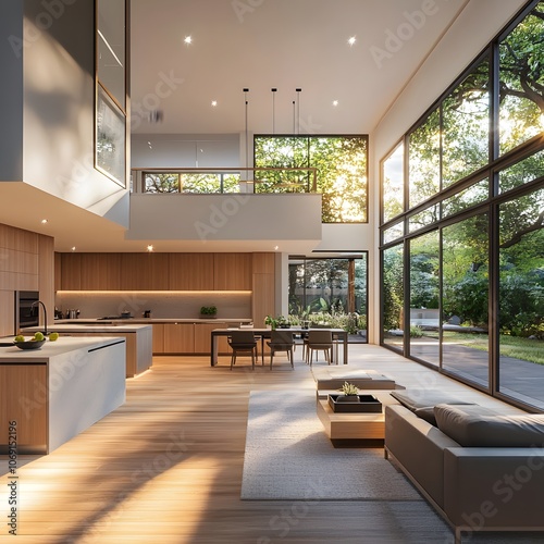 A spacious open-concept kitchen and living area featuring modern furniture and large windows that allow natural light to flood the space photo