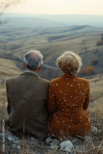 Older couple sitting on a hill overlooking a valley photo