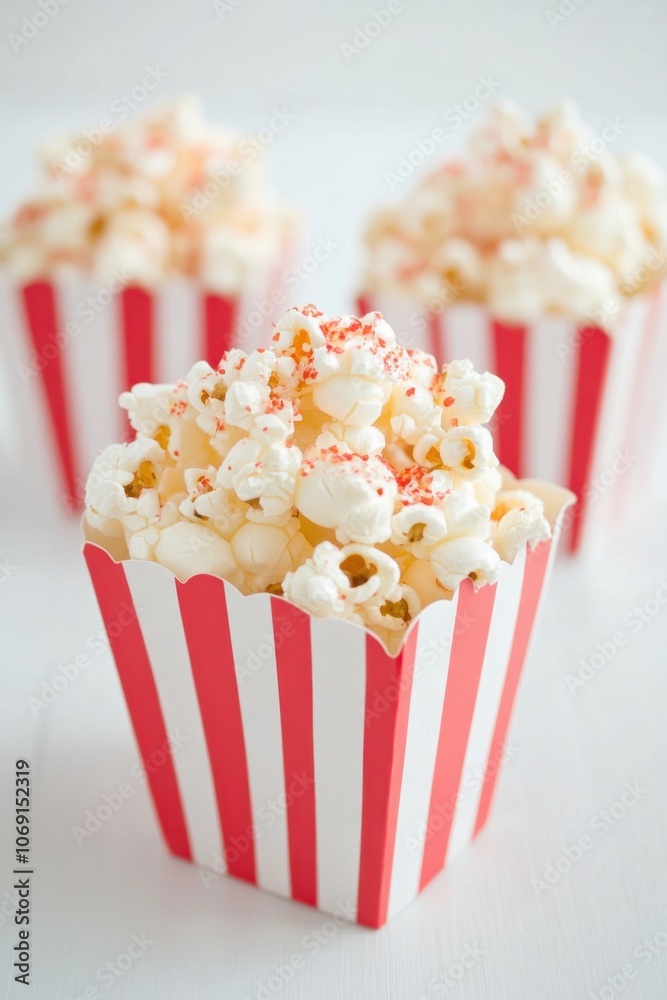 Delicious popcorn in a classic red and white striped box Delicious popcorn in a classic red and white striped box