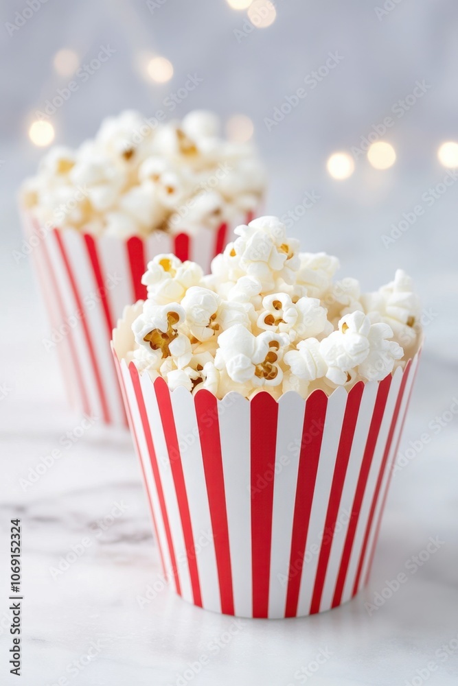 Delicious popcorn in a red and white striped box Delicious popcorn in a red and white striped box