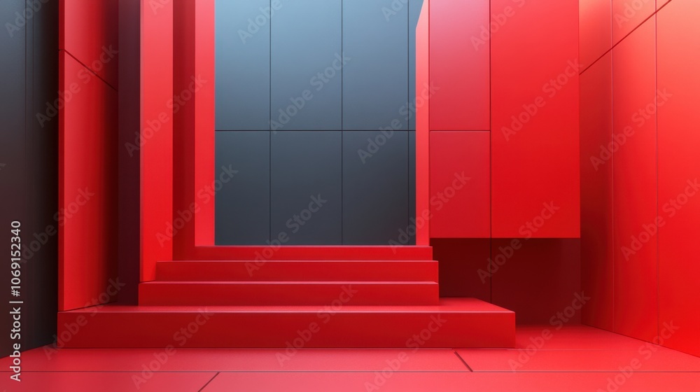 Minimalistic red and black geometric interior with modern architectural steps Minimalistic red and black geometric interior with modern architectural steps