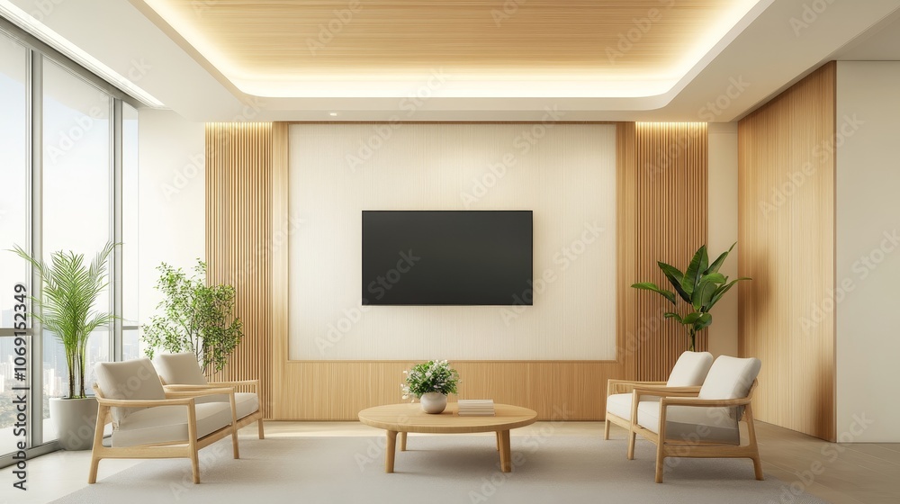 A living room with a large flat screen TV and a potted plant A living room with a large flat screen TV and a potted plant