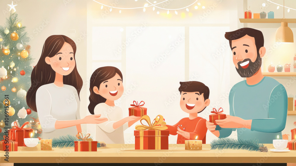 Happy family exchanging christmas gifts at home Happy family exchanging christmas gifts at home