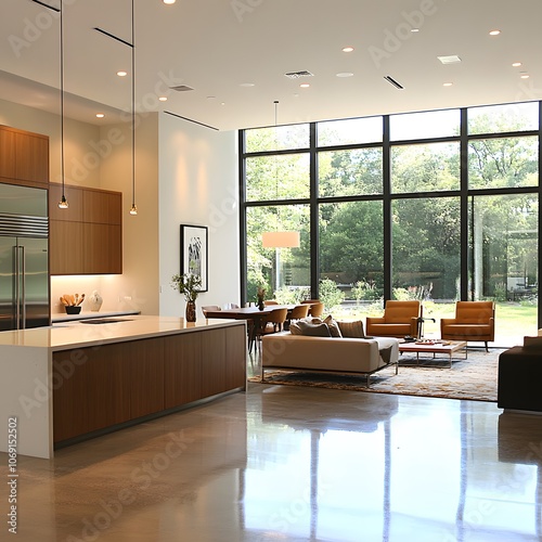 A spacious open-concept kitchen and living area featuring modern furniture and large windows that allow natural light to flood the space photo